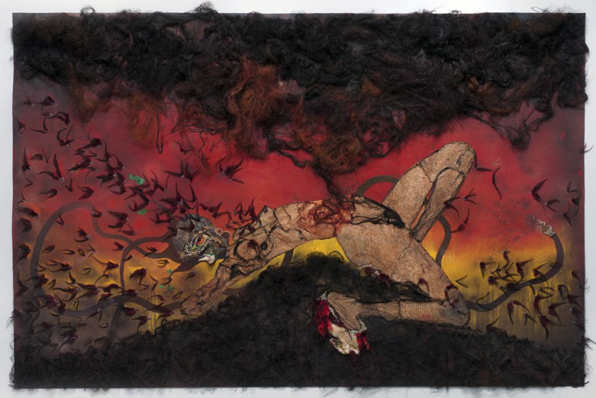 Wangechi Mutu, b. 1972, Kenya. The Storm Has Finally Made It Out of Me Alhamdulillah, 2012. Collage on linoleum, 193 x 295.9 x 10.2 cm (76 x 116 1/2 x 4 in.). Collection of the artist, courtesy Susanne Vielmetter Los Angeles Projects
