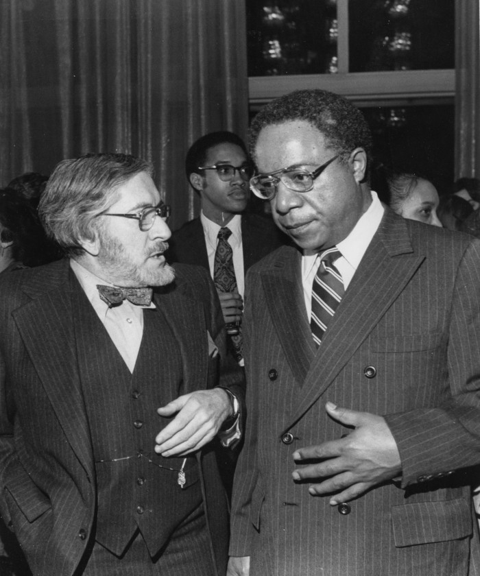 NMAfA founder Warren Robbins with ‘Roots’ author Alex Haley on February 23, 1977. Robbins, a longtime friend of Haley, founded the National Museum of African Art in 1964 “To foster cross cultural communications between people through education in the arts of Africa”.