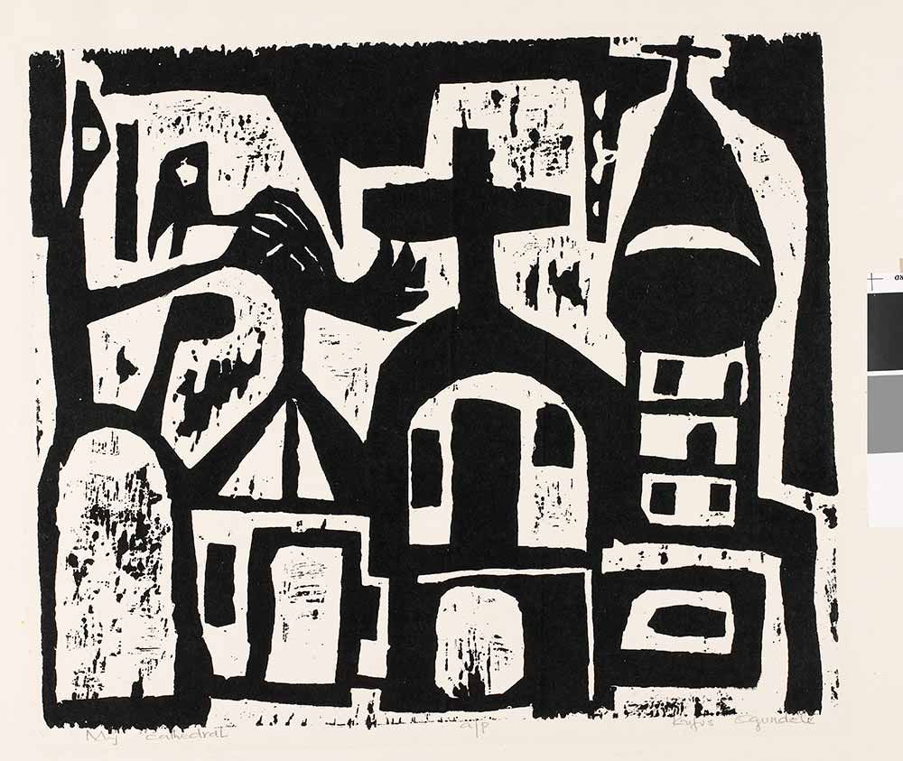 Rufus Ogundele,My Cathedral,Linocut, 1971Framed: 51.6 x 56.8 cm (20 5/16 x 22 3/8 in.)Image: 35 x 40.5 cm (13 3/4 x 15 15/16 in.)Gift of the Wil and Irene Petty CollectionObject number: 2008-5-7