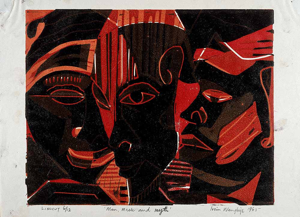 Solomon Irein Wangboje Man, Mask and MythLinocut on paper, 1965H x W: 24.1 x 30.5 cm (9 1/2 x 12 in.)Gift of Amb. and Mrs. Benjamin Hill Brown Jr.Object number: 76-3-20