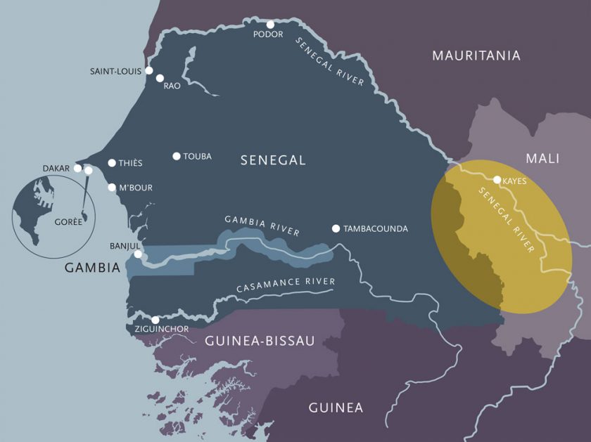 Senegal, with major goldfields indicated in yellow
